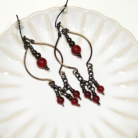 boho earrings 025#mfs Carnelian gemstone earrings fringe drop earrings hand wrap - Picture 5 of 6